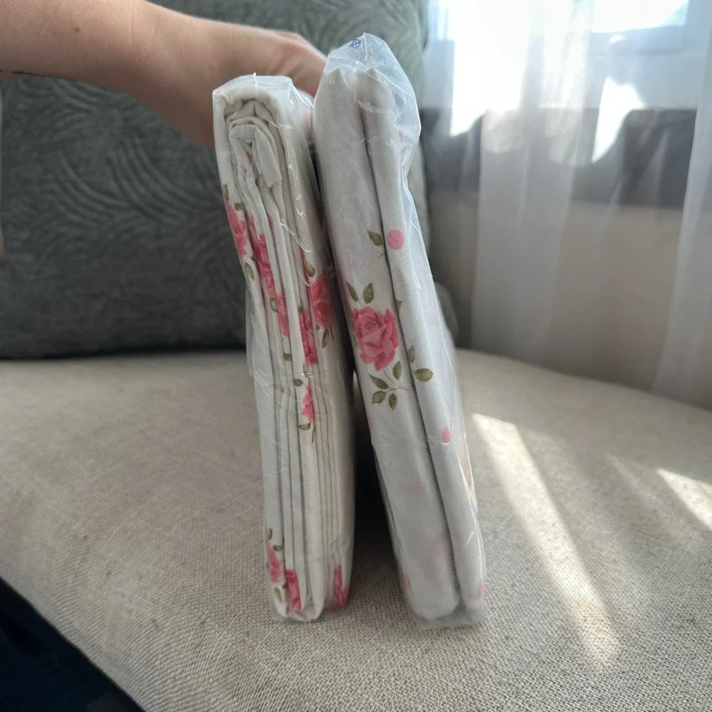 NEW Vintage Cannon No-Iron Muslin Full Flat & Fitted Sheet Set Rose Floral White